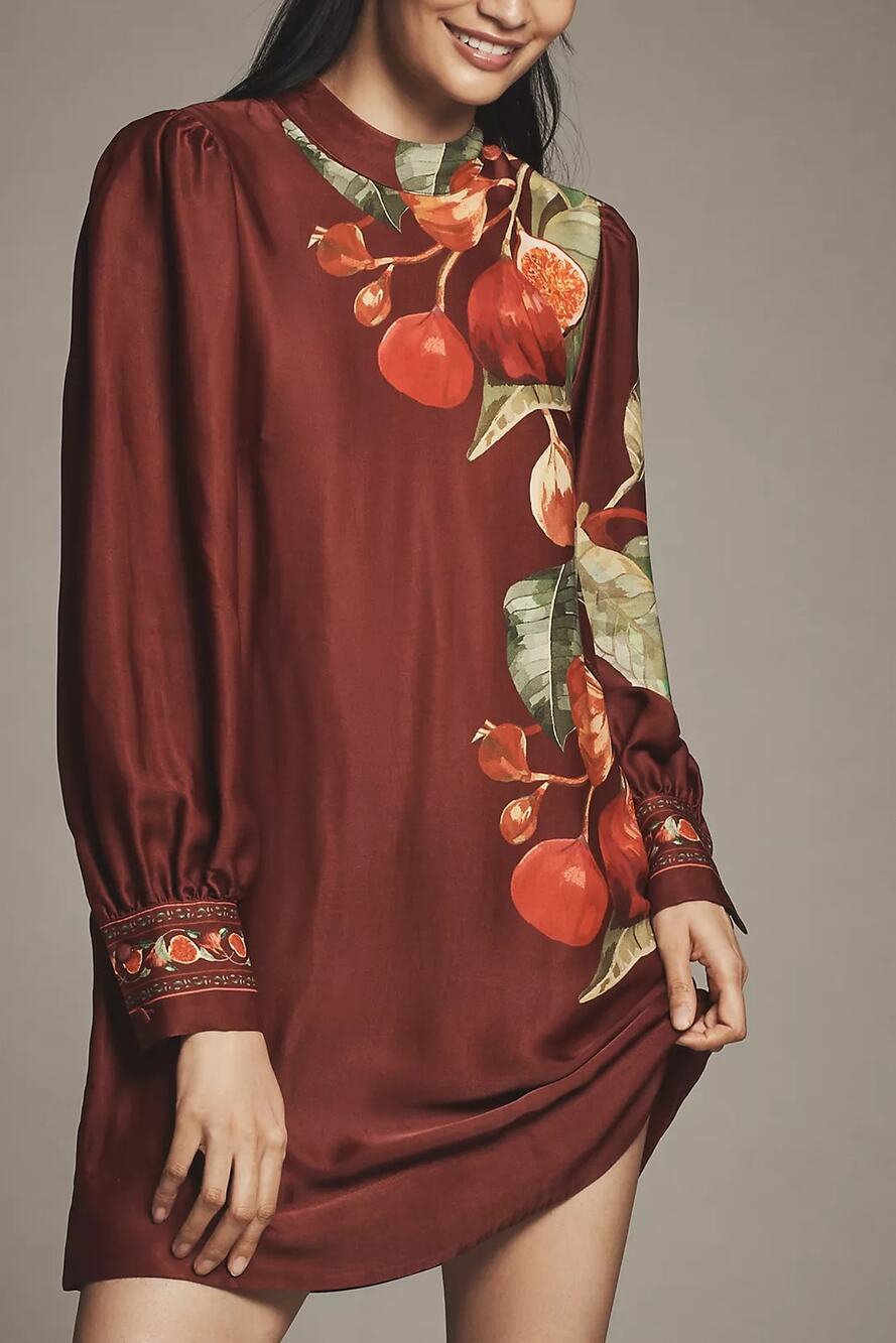 New Farm Rio x Anthropologie Printed Mini Dress $228 X-SMALL Wine LONG-SLEEVE